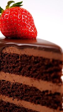 Fatia de bolo de chocolate com morango por cima, isolada em fundo branco