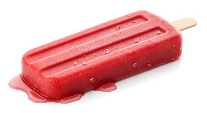 Delicious red popsicle melting on a white surface, summer treat, frozen dessert, sweet snack, refreshing ice pop