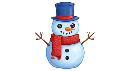 Cheerful cartoon snowman with blue top hat and red scarf design