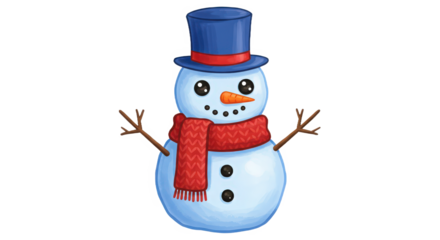 Cheerful cartoon snowman with blue top hat and red scarf design