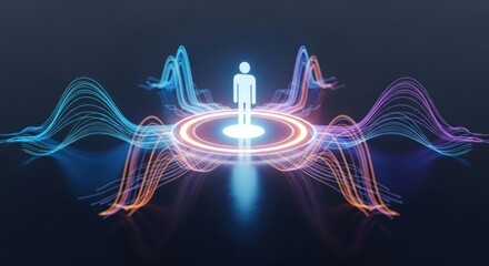 Luminous human icon on glowing ring amidst abstract colorful data waves in dark space