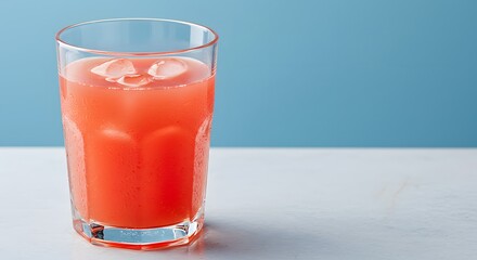 Refreshing summer beverage: a glass of pink grapefruit juice with ice cubes on a clean surface area