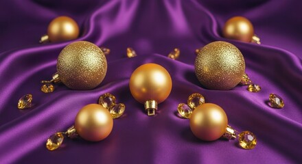 Luxurious arrangement of golden spheres and amber gems on richly draped purple silk