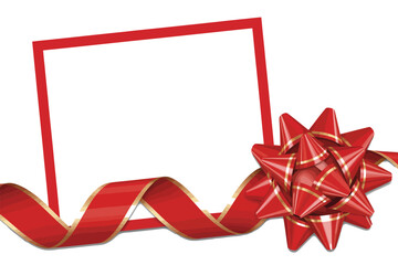 A red ribbon and bow are arranged around a blank white square frame, ready for personalization.
