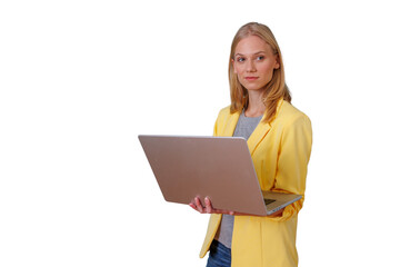 Obraz premium Businesswoman standing, holding a laptop, working and managing tasks, wearing a yellow blazer, transparent background