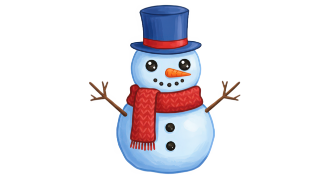 Cheerful cartoon snowman with blue top hat and red scarf design