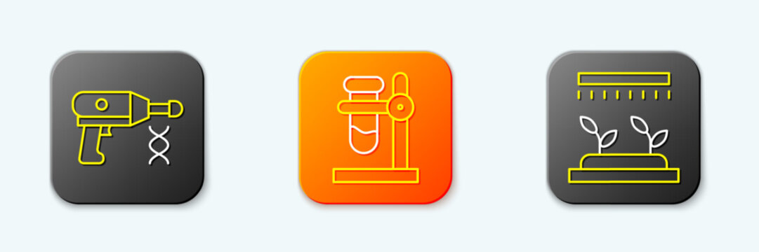 Set line Transfer liquid gun, Test tube flask on stand and Automatic irrigation sprinklers icon. Vector