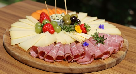 Delicious charcuterie board with variety of cheeses meats fruits and olives gourmet food presentation