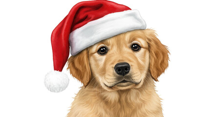 Adorable golden retriever puppy in santa hat looking at camera