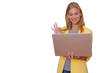 Woman making ok sign during video call on laptop with transparent background, representing remote work success and online communication