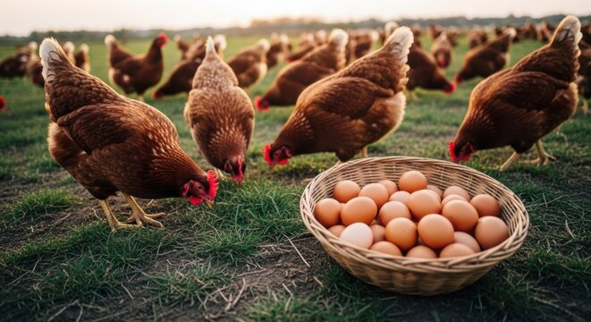 Many brown chickens roam a sunny green field near a basket full of fresh brown eggs - Powered by Adobe