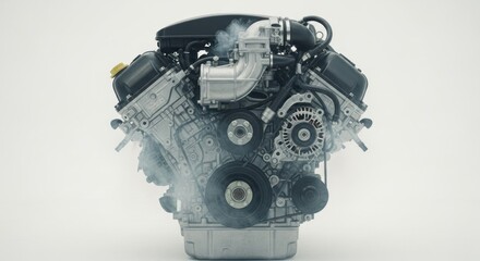 Fototapeta premium Modern car engine with complex parts, belts, and pulleys, emitting light steam