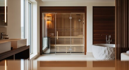 Modern spa-like bathroom with wooden sauna, stone tub, and double sinks