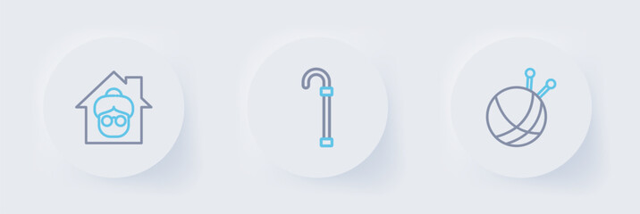 Set line Yarn ball with knitting needles, Walking stick cane and Nursing home icon. Vector