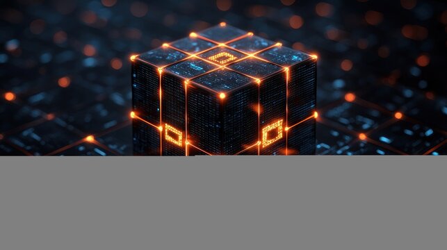 Glowing orange data cube on a dark circuit grid, symbolizing digital network connections