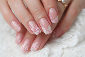 Naklejka premium Beautiful nails featuring delicate floral art on a transparent base for trendy fashion looks in 2026