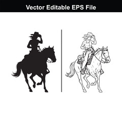Silhouette and line art of a cowgirl riding a horse