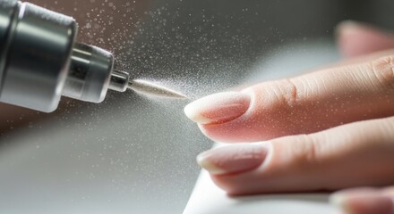 Nail technician using electric file to shape and refine artificial nails, creating dust