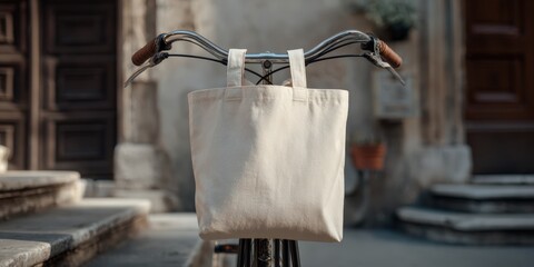Canvas tote bag hanging on bicycle handlebars