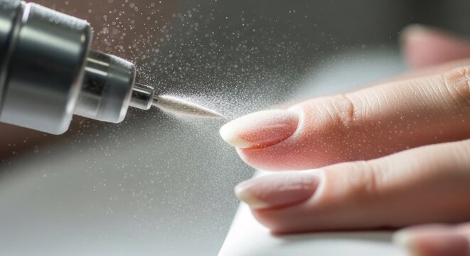 Nail technician using electric file to shape and refine artificial nails, creating dust