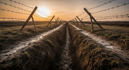 Muddy trench leading to a rising sun, flanked by tall barbed wire fences in a field