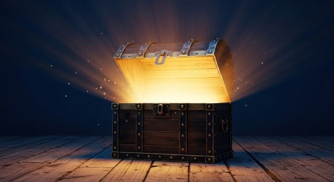 Open rustic wooden chest radiating brilliant golden light and sparkling dust on dark floor