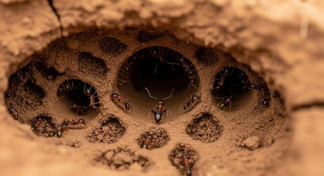 Numerous red and black ants populate a complex, multi-holed earthen nest entrance - Powered by Adobe