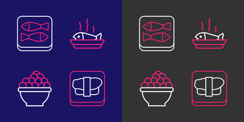 Set line Sushi on cutting board, Caviar, Served fish plate and Canned icon. Vector