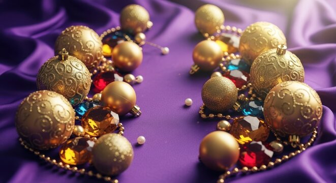 Ornate golden baubles, colorful jewels, and pearls arranged on a luxurious purple satin