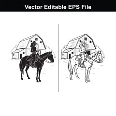 Silhouette of a cowgirl riding a horse in front of a barn, contrasted with a line drawing of a cowgirl on a horse and barn