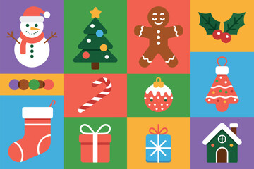 A colorful assortment of Christmas-themed icons arranged in a grid on a flat background.