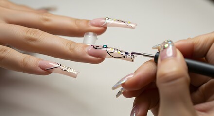 Close up of hands applying intricate nail art with gems and swirls on long acrylic nails at salon