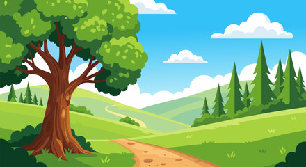 Obraz premium Lush cartoon landscape a winding dirt path, prominent tree, rolling green hills, and distant pine forest under a bright blue sky