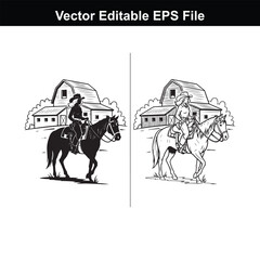 Silhouette and line art of a cowgirl riding a horse with a barn and trees under a starry night sky