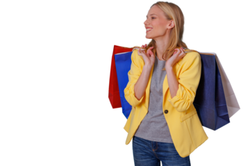 Happy woman carrying multiple colorful shopping bags, celebrating consumerism and retail therapy, transparent background