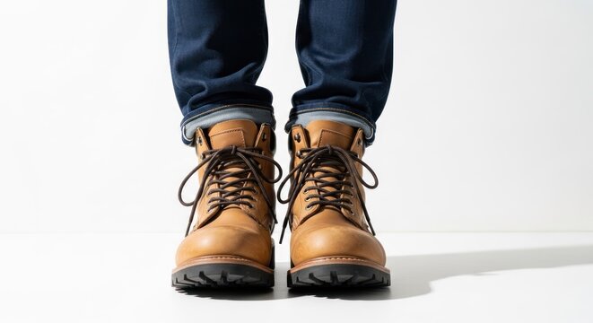 Person standing, wearing cuffed jeans and sturdy brown lace-up boots on a white background