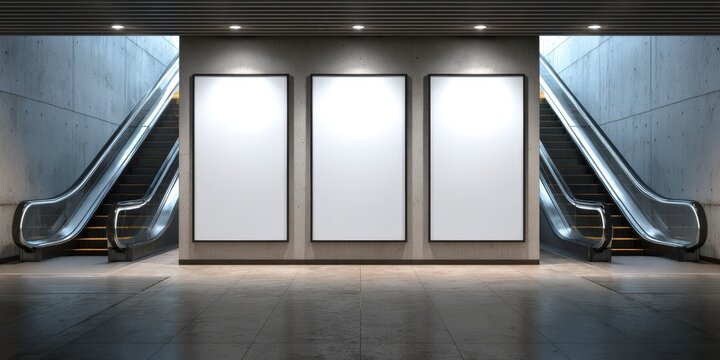Three blank billboards in modern subway station with escalators