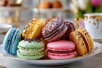 Colorful macarons arranged on a plate