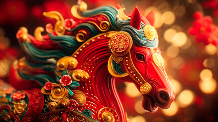 chinese asian new year symbol red horse fire with gold patterns for calendar and cards 2026