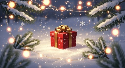 Red gift box, gold bow, snowy pines, twinkling lights, falling snowflakes on winter night