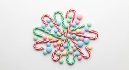Red, green, white striped candy canes and pastel candies arranged in a festive snowflake pattern