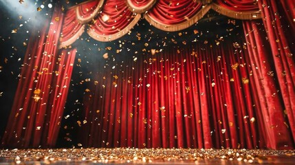 Red velvet theater curtains on stage with golden confetti falling and scattered, lit by spotlights