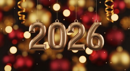 Shiny 2026 numbers hang amidst festive golden and red bokeh lights and ribbons