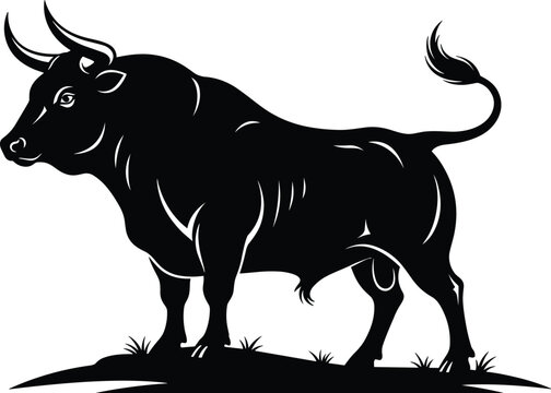 Bull silhouette illustration, strong animal vector, black artwork, muscular stance icon, power symbol, financial market design, nature concept, resilience theme
