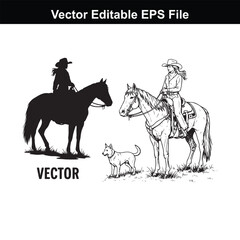 Cowgirl, horse and dog in silhouette and sketch, vector editable eps file