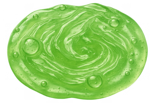 Green gel swirl texture with air bubbles on transparent background, showing viscous liquid cosmetic product