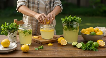 Refreshing homemade lemonade recipe with citrus fruits and mint for summer outdoor entertaining party