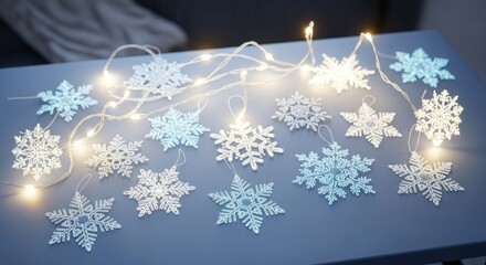 Sparkling white and blue snowflake ornaments with warm glowing string lights on a grey table