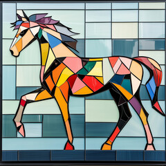 Colorful stained glass horse art in modern geometric design  