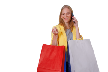 Young woman shopping, holding red and white bags, talking on phone with a happy smile, transparent background
